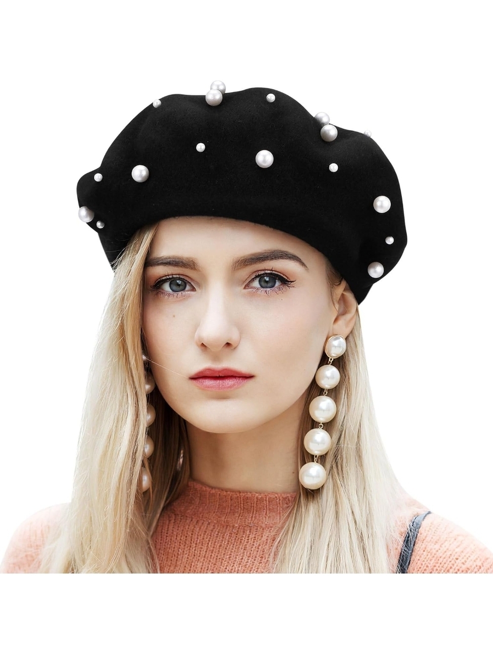 Pearl-Embellished Black Wool Beret - Women Accessories